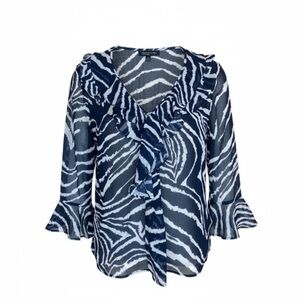 Jones New York Women’s Blue Zebra Ruffle Semi Sheer Blouse Size Small